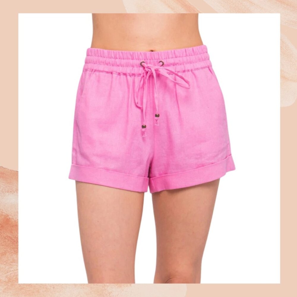 Love Tree Bright Pink Linen Cuffed Drawstring Shorts